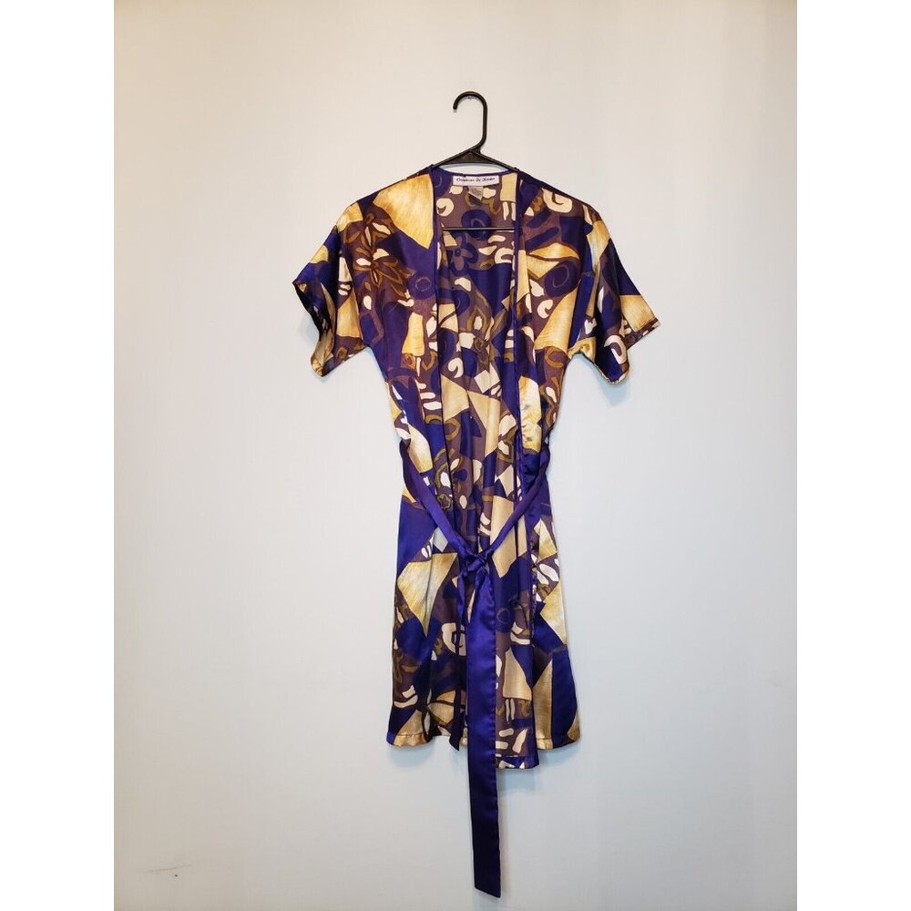 Contessa Di Roma Womens S Robe Short Sleeve Waist Tie Open Front Blue Gold